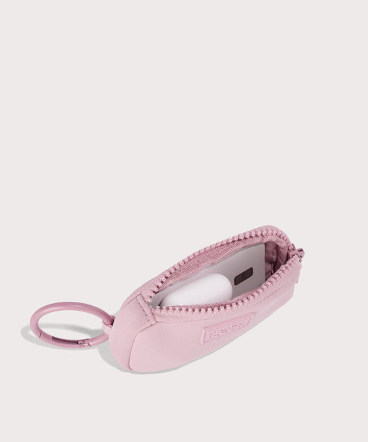 Mara Keychain in a cool, powdery pink with soft grey undertones. . unzipped, top down view.