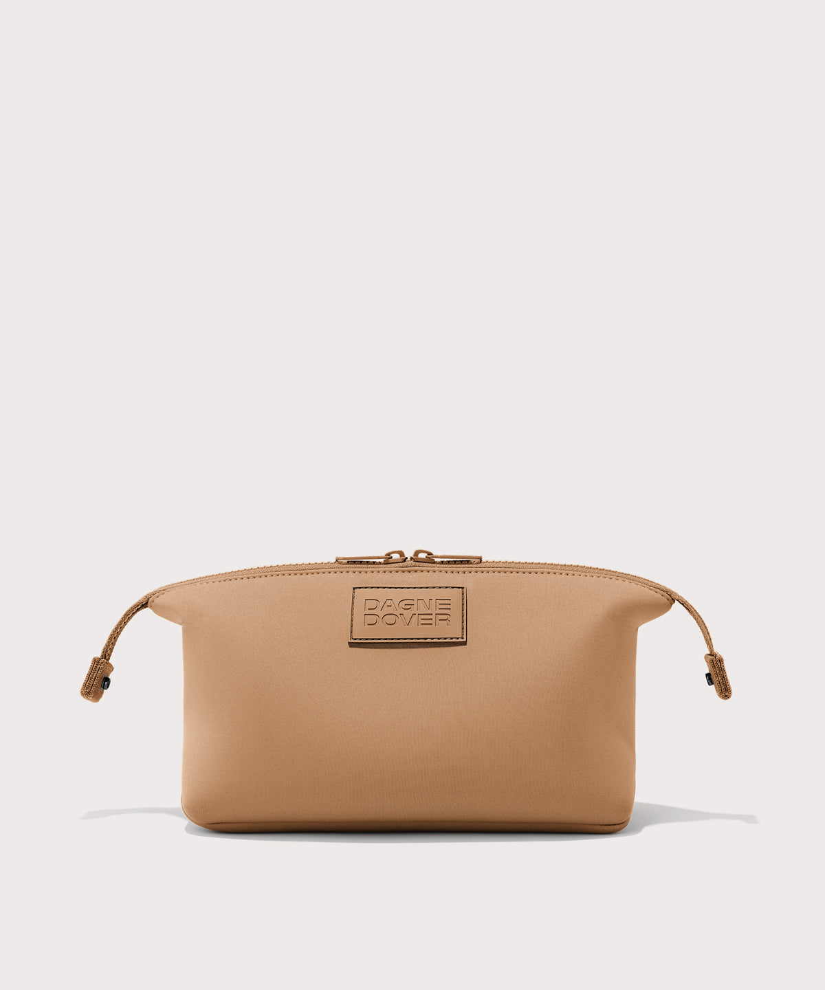 Dagne Dover Large Hunter Toiletry Bag in camel brown with sides unclipped.
