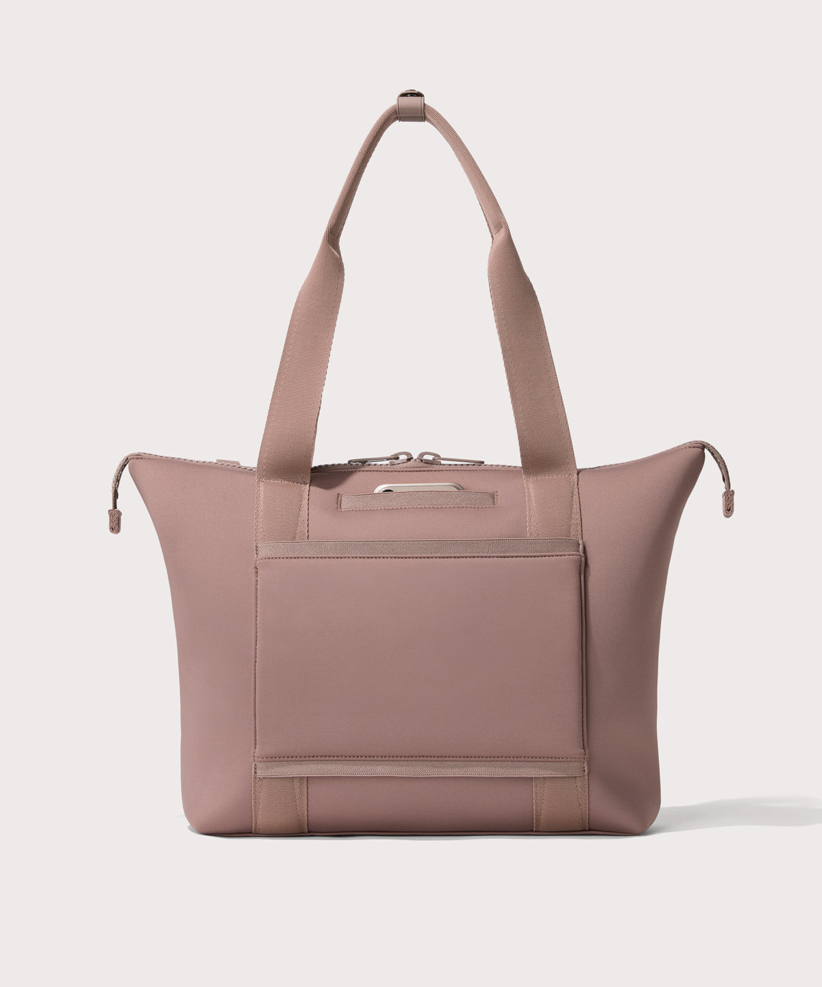 Tote in a pink seen from the back view showing phone pocket.