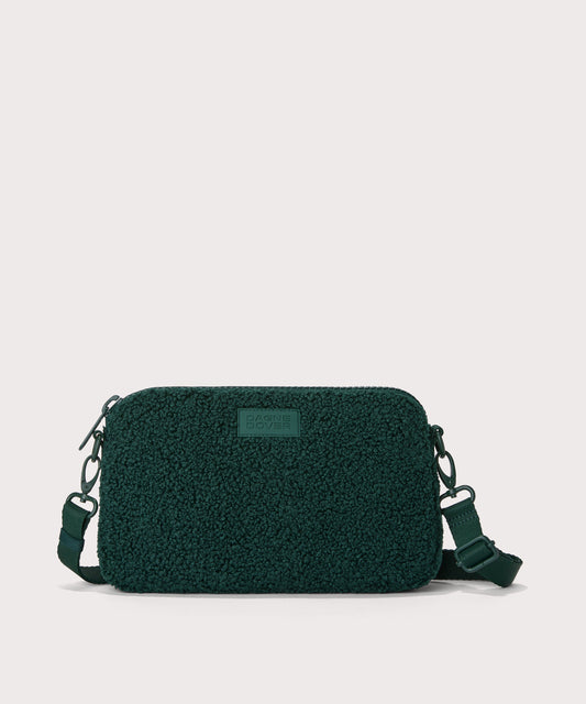 nora shoulder bag in a saturated, jewel-toned deep green with bold blue undertones. In a Faux Shearling a soft, wool-like plush made with recycled materials