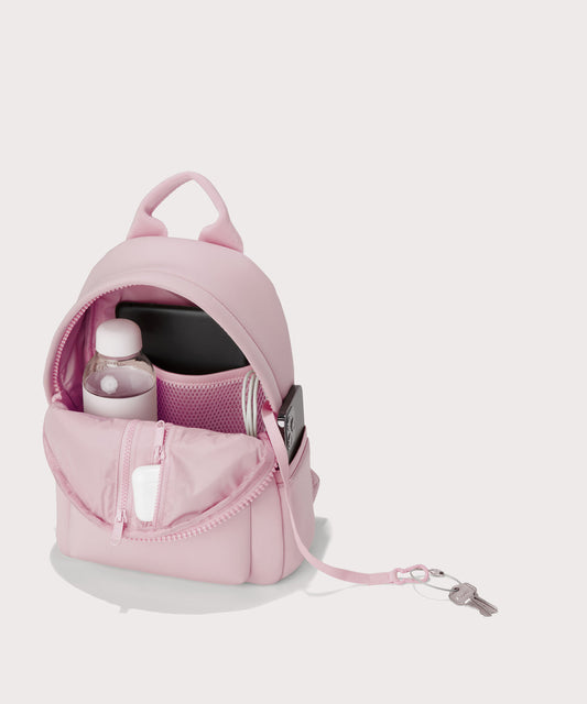 Small Dakota in a cool, powdery pink with soft grey undertones. unzipped, top down view.