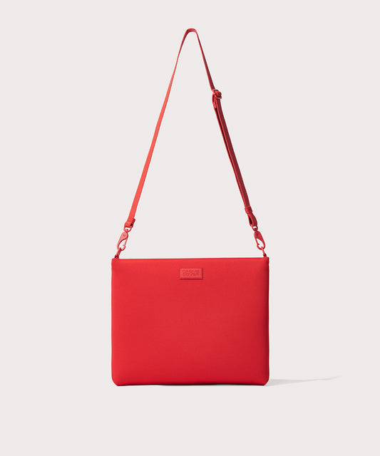 14 inch laptop shoulder bag in a fiery, saturated red leaning toward orange seen from the front view.