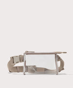 Clear crossbody bag with beige strap on a white background. Stadium compliant.
