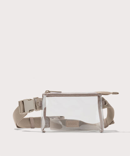 Clear crossbody bag with beige strap on a white background. Stadium compliant.