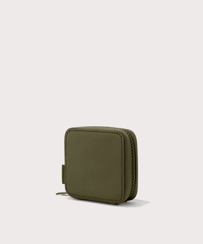 Dagne Dover small Arlo Tech Organizer in dark green seen from an angle.