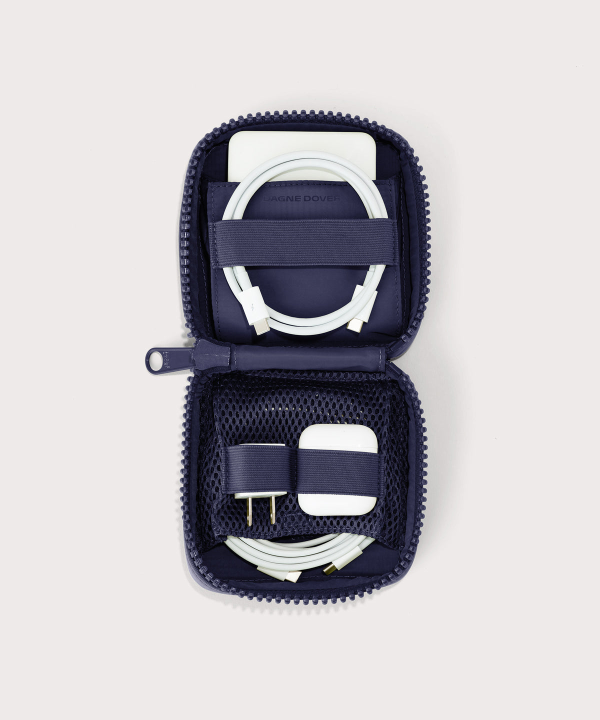 hover - Dagne Dover small Arlo Tech Organizer in dark blue unzipped, revealing the interior elastic loops and airmesh pockets.