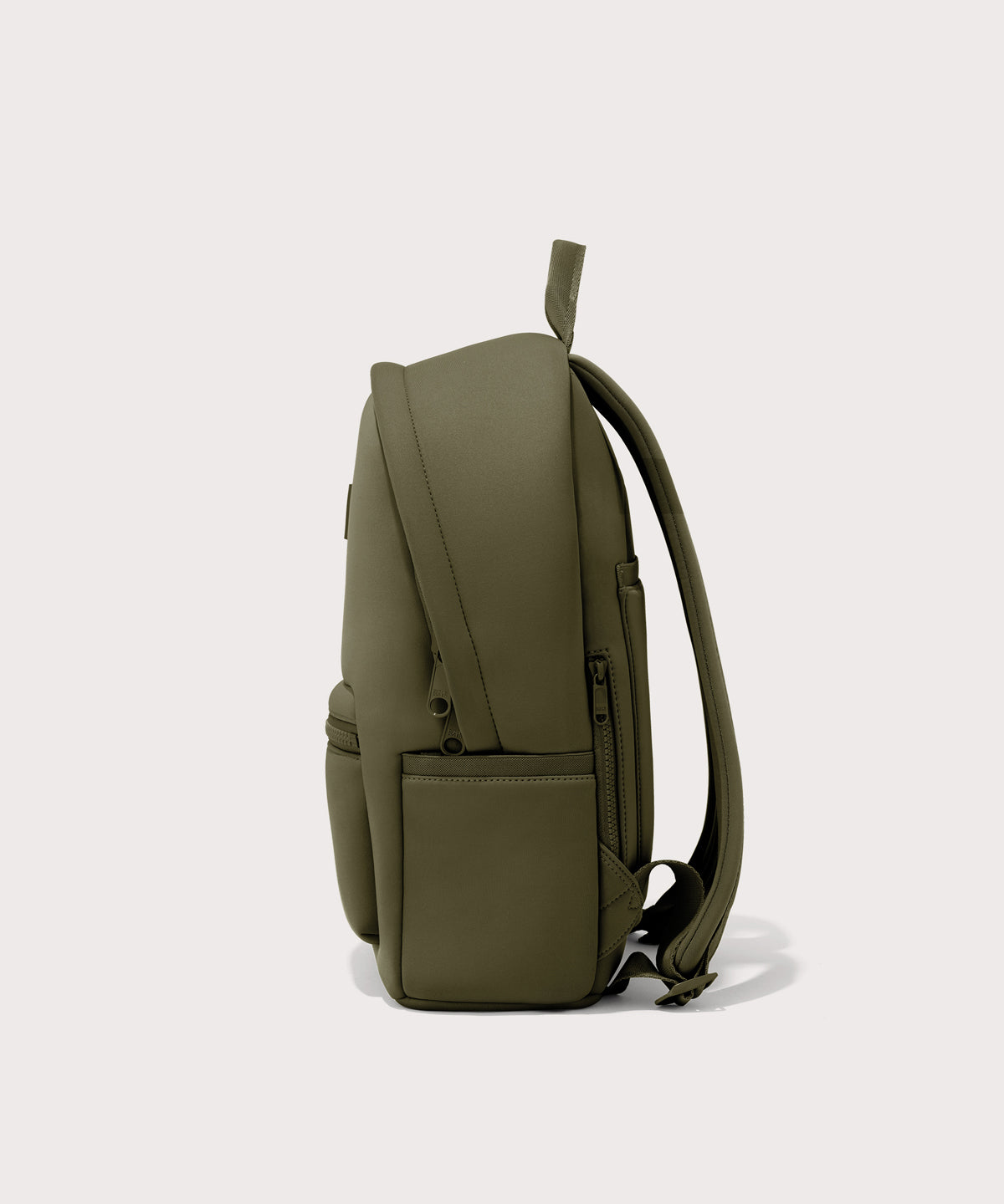 Dagne Dover medium Dakota Neoprene Backpack in dark moss seen from the side.