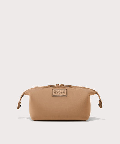 Dagne Dover Small Hunter Toiletry Bag in camel with sides unclipped.