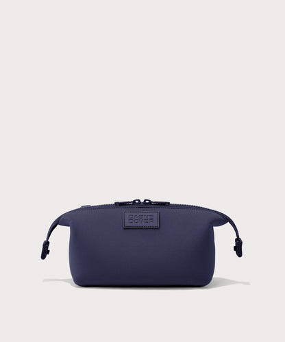 Dagne Dover Small Hunter Toiletry Bag in dark blue with sides unclipped.