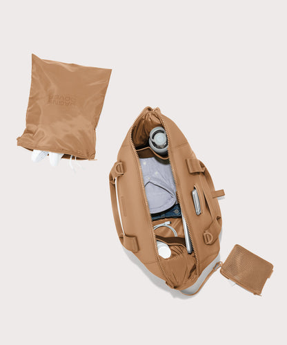 Large Landon Carryall in brown camel unzipped, top down view