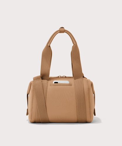 small Landon Carryall in brown camel, displaying an exterior phone pocket