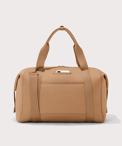 Extra large Landon Carryall in camel brown, displaying an exterior phone pocket