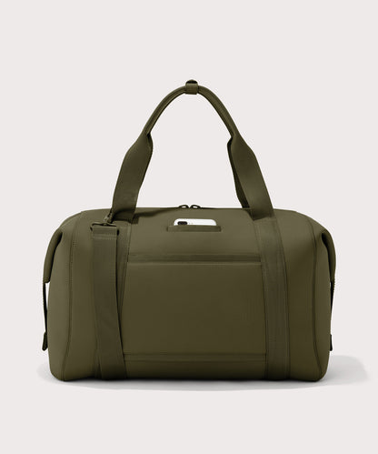 extra large Landon Carryall in dark green, displaying an exterior phone pocket