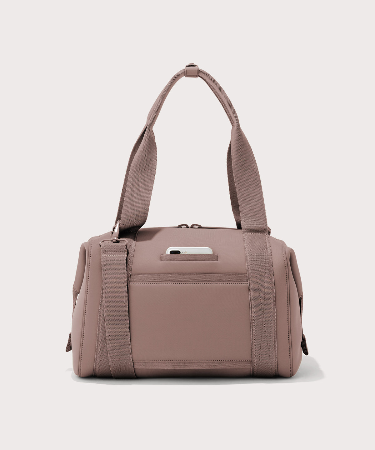 Large Landon Carryall in pink, displaying an exterior phone pocket