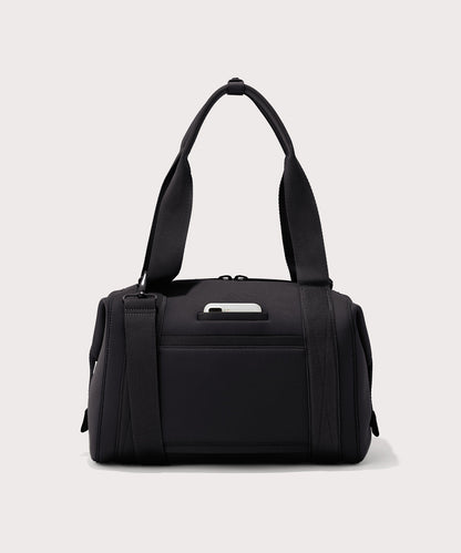 Large Landon Carryall in black, displaying an exterior phone pocket