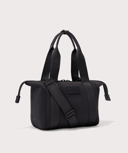 small Landon Carryall in black with zippers unbuckled