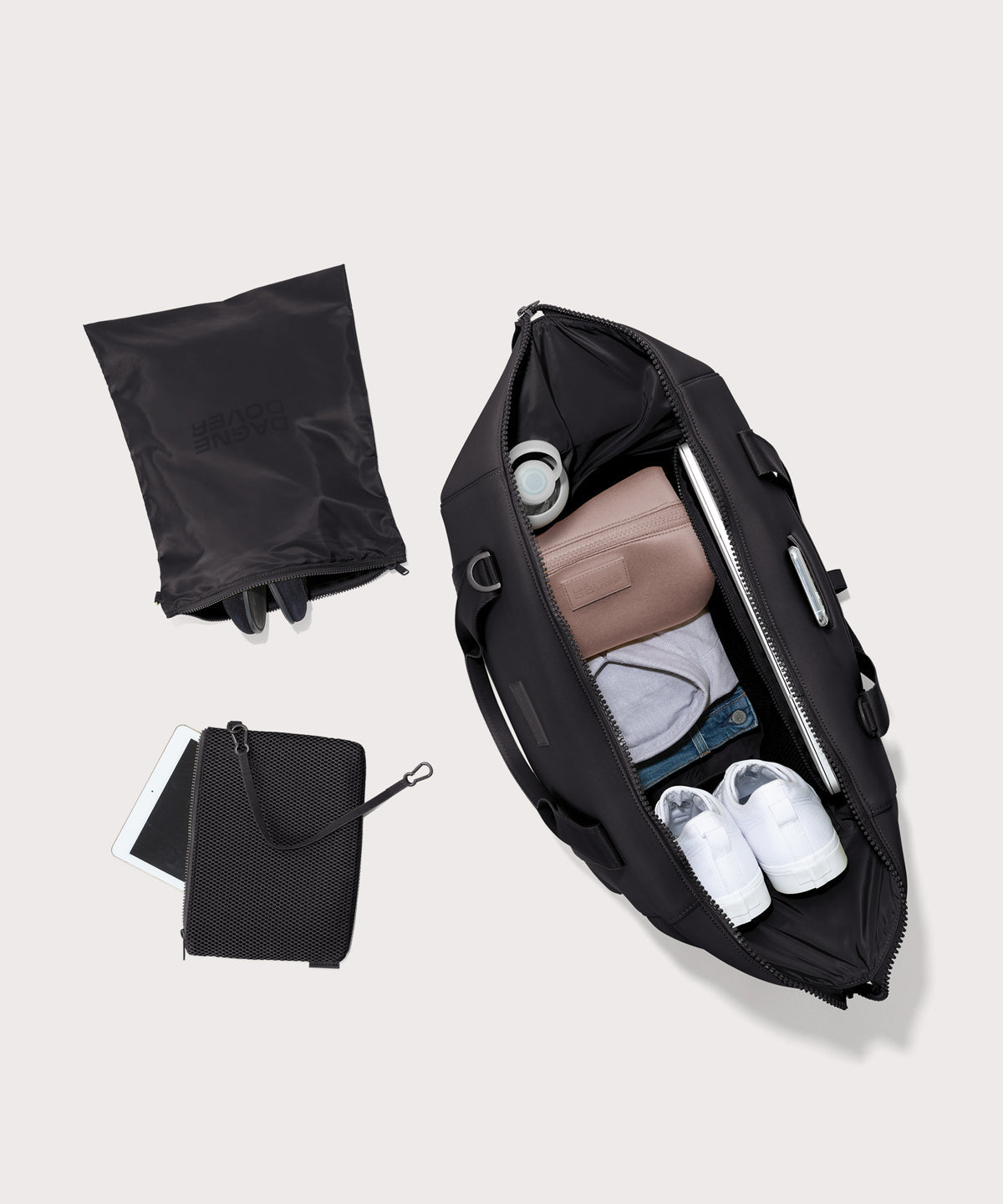 Extra large Landon Carryall in black unzipped, top down view.