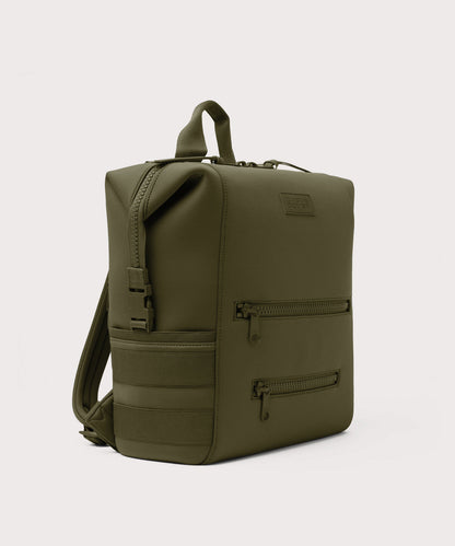 Dagne Dover Large Indi Diaper Backpack in dark moss seen from an angle.