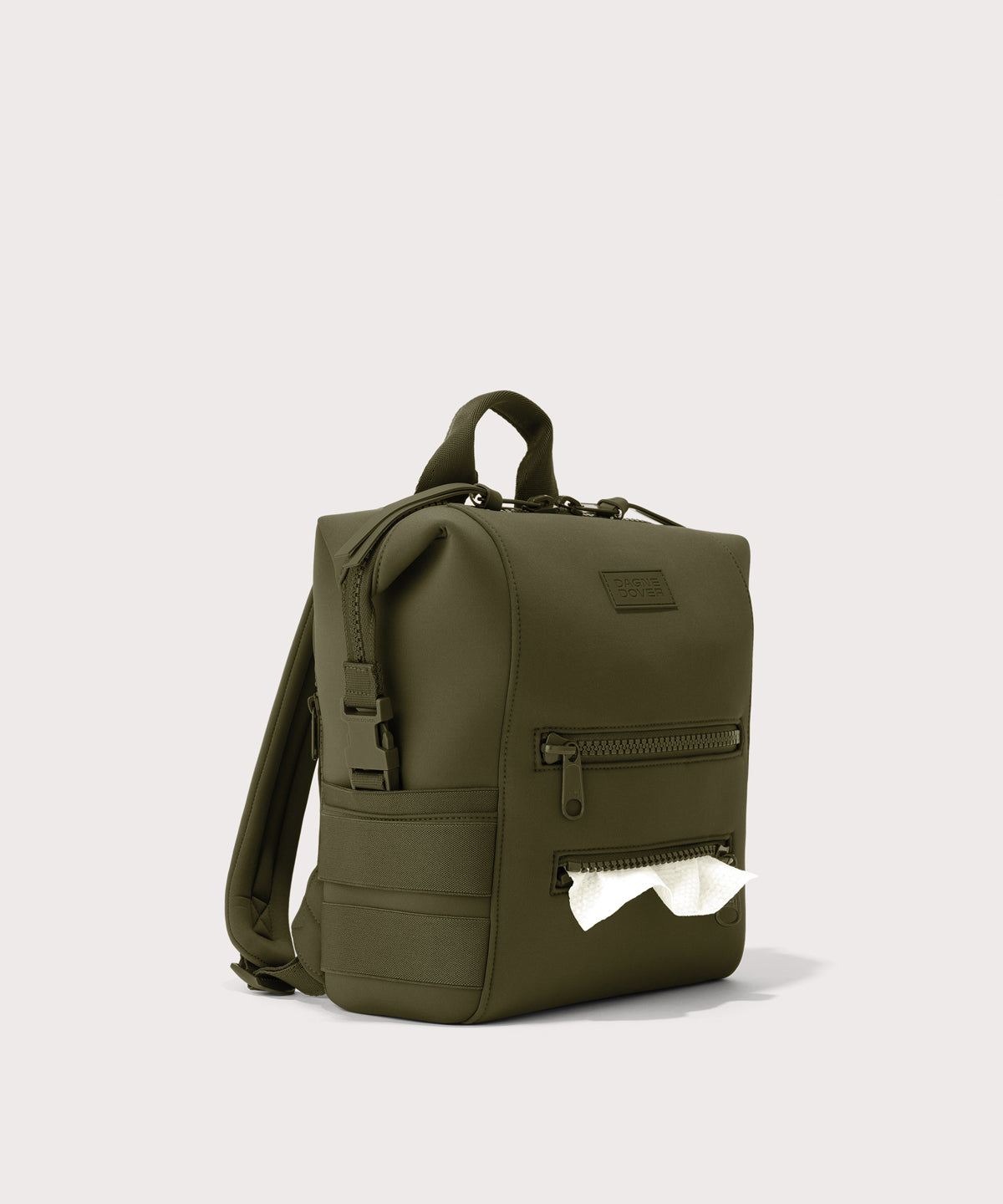 Dagne Dover small Indi Diaper Backpack in dark moss showing the zipper opening for easy access wipes.