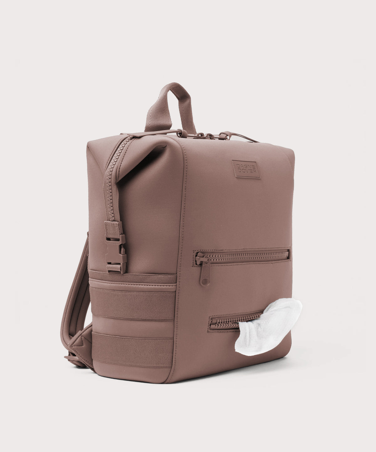 Dagne Dover Large Indi Diaper Backpack in pink showing the zipper opening for easy access wipes.