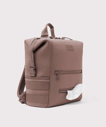 Dagne Dover Large Indi Diaper Backpack in pink showing the zipper opening for easy access wipes.