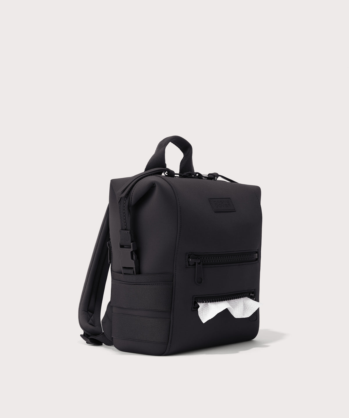 Dagne Dover small Indi Diaper Backpack in black showing the zipper opening for easy access wipes.
