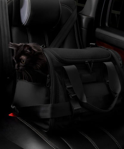 Dagne Dover Large Kyoto Pet Carrier in black displaying the two side release buckle clips to secure pet carrier to seat belt; a cat is inside the carrier. Caption: Ouija is a 7.8-lb American Longhair