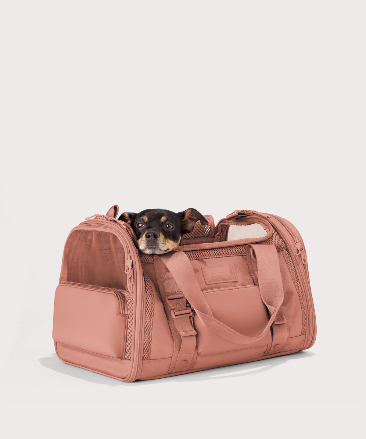 Dagne Dover Large Kyoto Pet Carrier in a warm dust pink seen from an angle with a dog inside the carrier. Caption: Ocho is a 16-lb Chihuahua mix