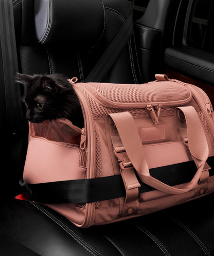 Dagne Dover Large Kyoto Pet Carrier in a warm dust pink displaying the two side release buckle clips to secure pet carrier to seat belt; a cat is inside the carrier. Caption: Ouija is a 7.8-lb American Longhair
