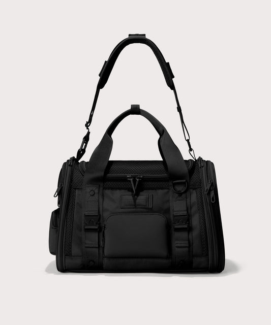 Dagne Dover small Kyoto Pet Carrier in black seen from the front with crossbody strap.