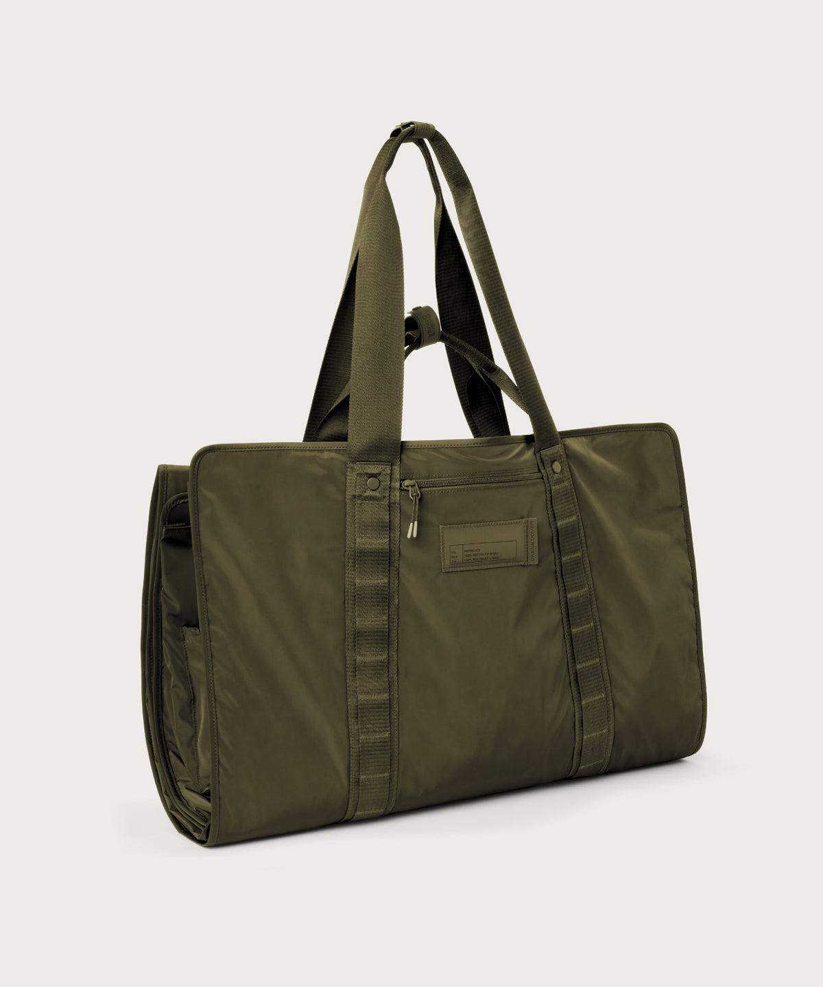 3/4 front view of Capri garment bag in dark moss