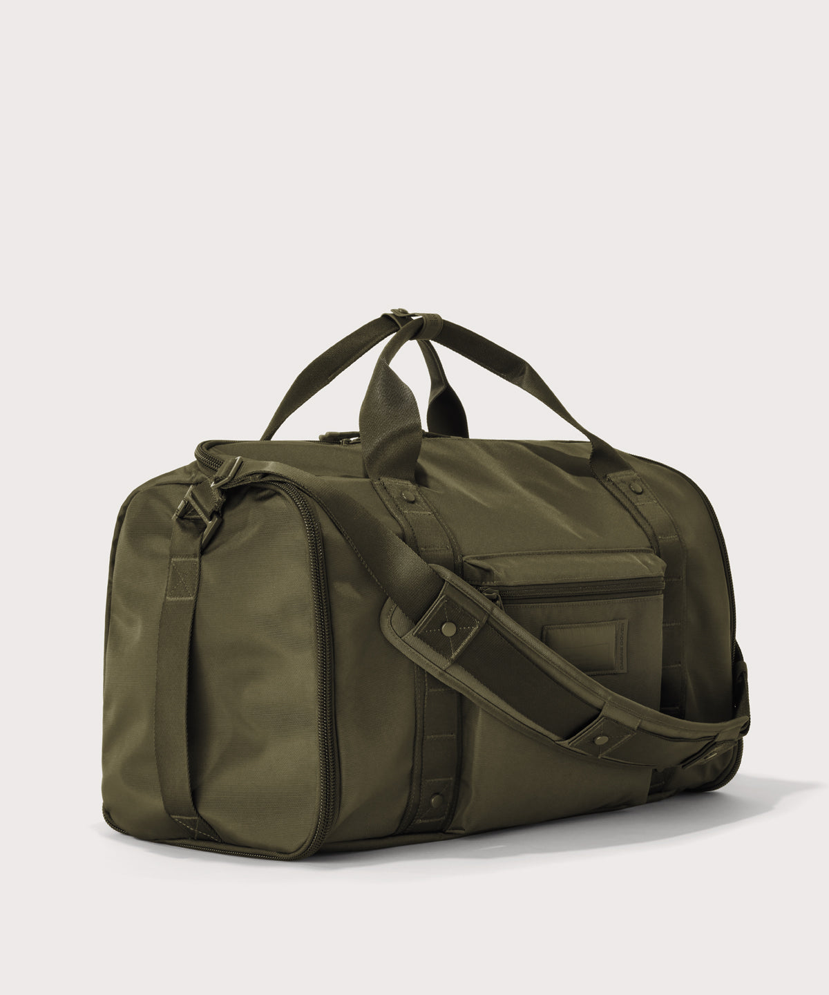 3/4 front view of Monaco garment duffle in dark green
