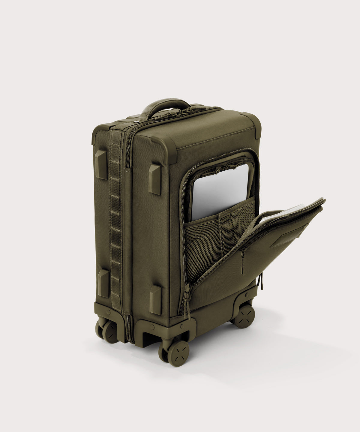 ¾ front view of Seattle carry-on rolling luggage 20.5” in dark green with front flap opened. Caption: Interior slip pocket fits most 13" laptops