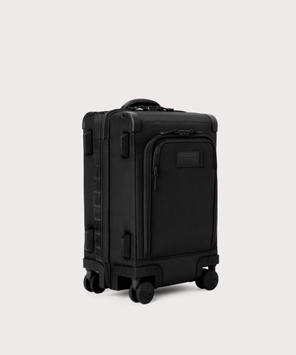 3/4 front view of Seattle carry-on rolling luggage 20.5” in onyx showing side luggage feet