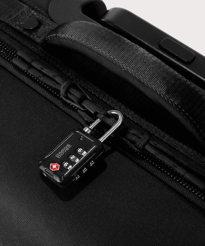 Detail shot of Seattle carry-on rolling luggage 20.5” in onyx lockable zipper heads. Lock not included.