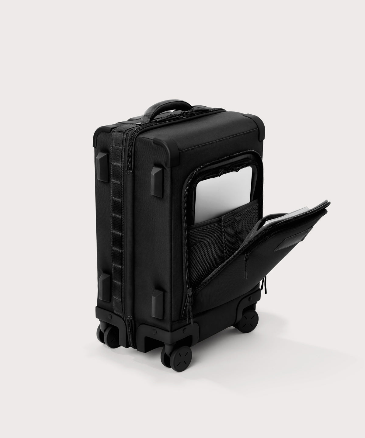 3/4 front view of Seattle carry-on rolling luggage 20.5” in onyx showing side luggage feet